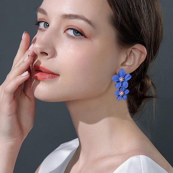 🆕 Bohemian Blue Gold Daisy Flower Matte Floral Petal Drop Dangle Layered Tiered - Picture 4 of 4